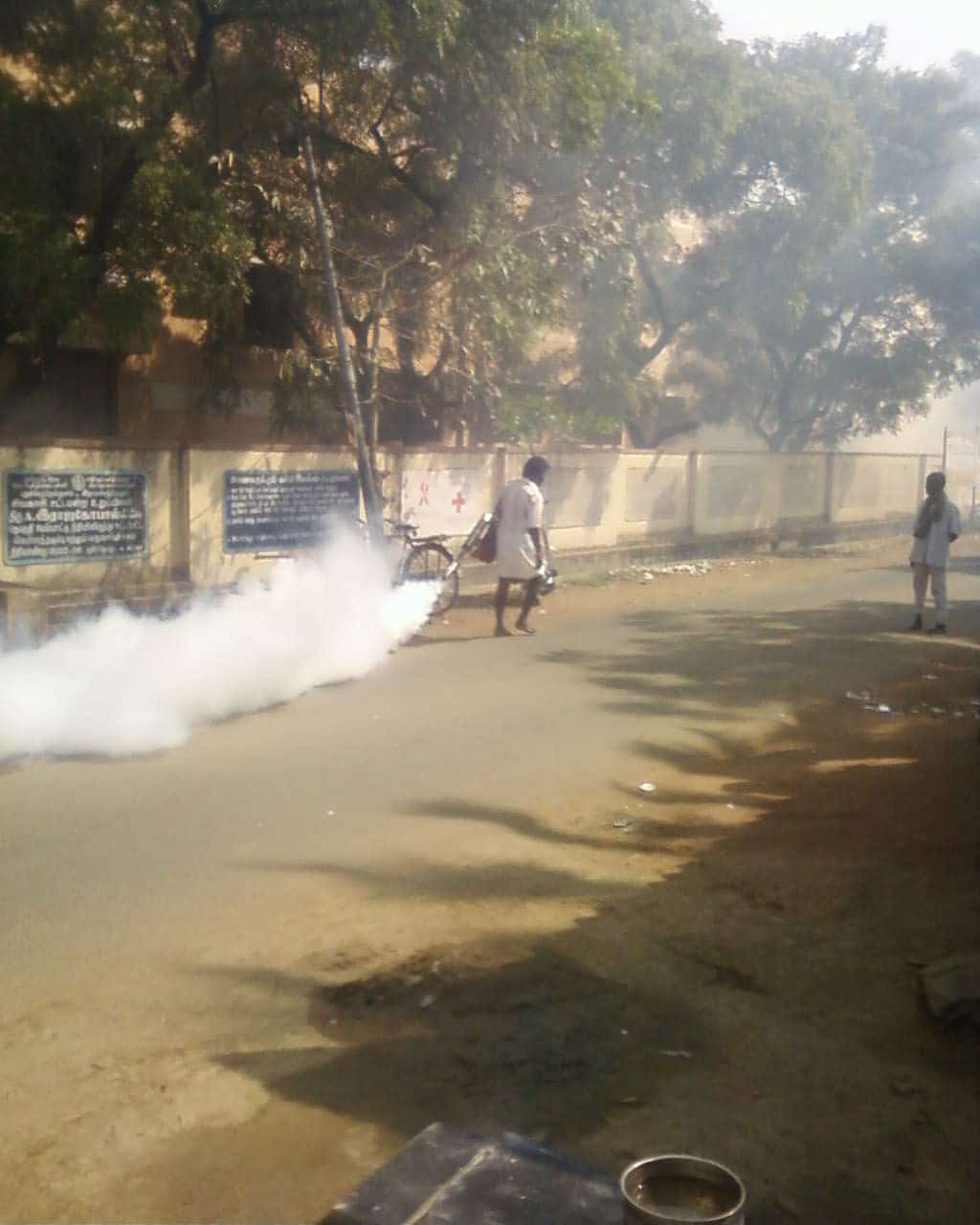 Mosquito fogging in an area peppered with mosquitoes