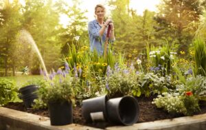 A woman gardening in the cold months without mosquitoes